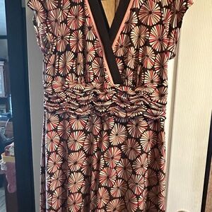 Brown and Black Ruched Midi Sundress with V-Neck